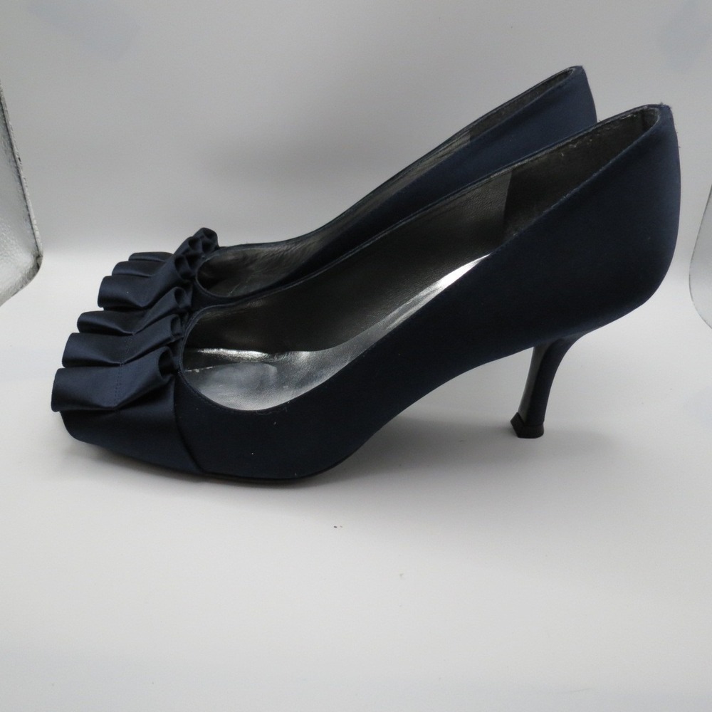 VTG Stuart Weitzman Womens Gigritz Navy Satin Peep Toe Pump Pleated Sz 9.5M READ